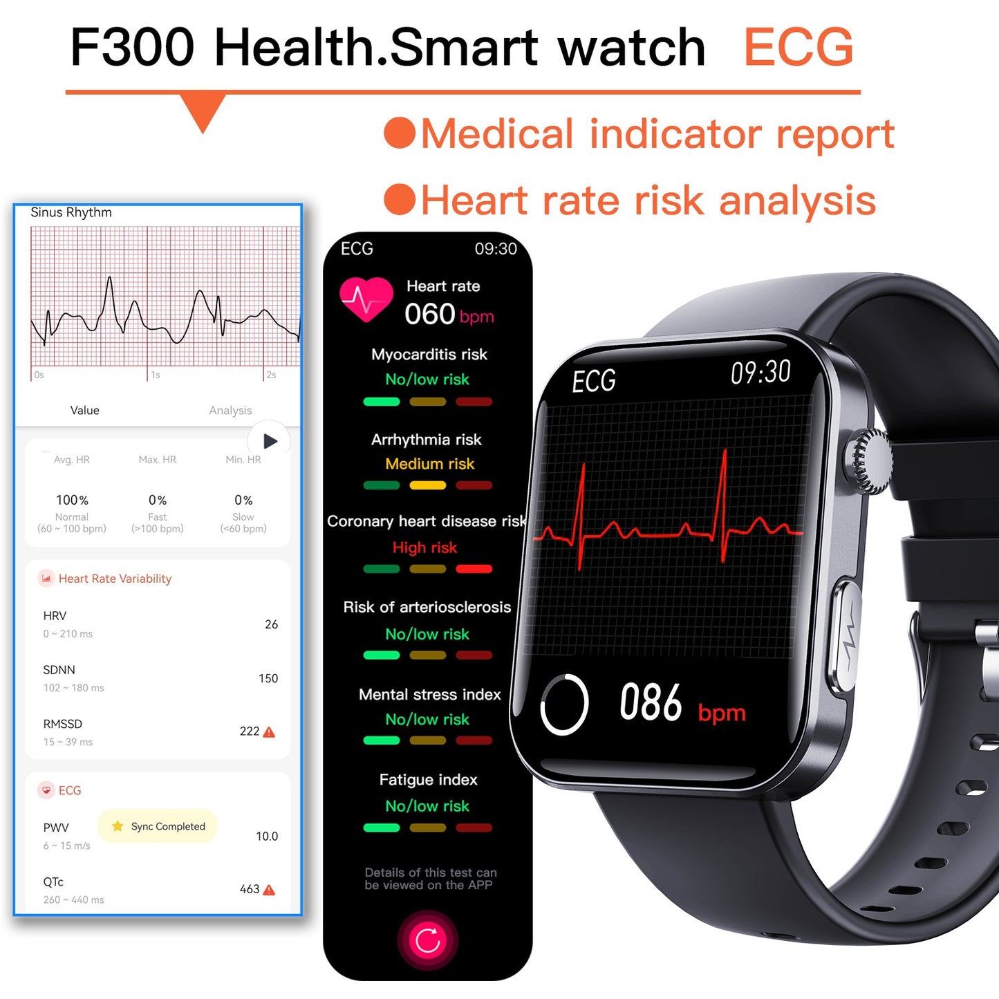 F300 smartwatch ECG electrocardiogram monitoring SOS fall alarm blood glucose